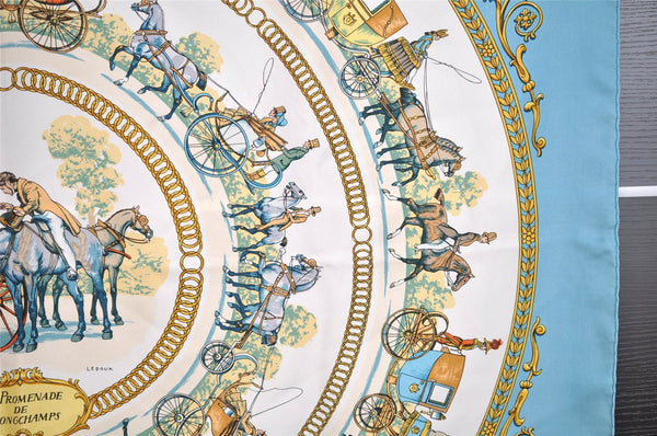 Auth HERMES Carre 90 Scarf "LA PROMENADE DE LONGCHAMPS" Silk Light Blue 7780I