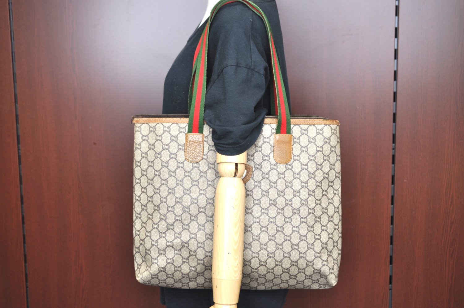 Authentic GUCCI Web Sherry Line GG Plus Tote Bag PVC Leather Brown Junk 7783F