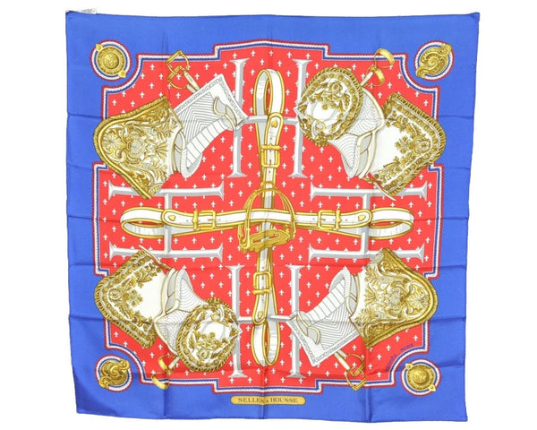 Authentic HERMES Carre 90 Scarf "SELLES A HOUSSE" Silk Blue 7784J