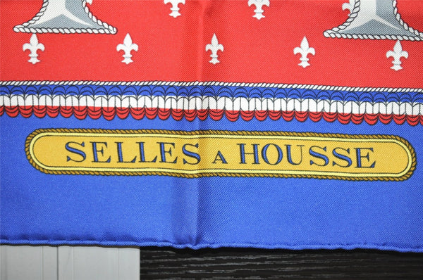 Authentic HERMES Carre 90 Scarf "SELLES A HOUSSE" Silk Blue 7784J