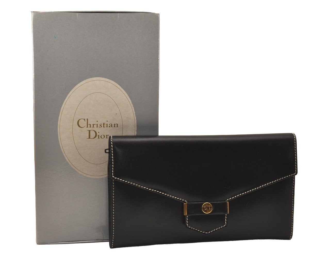 Authentic Christian Dior Vintage Long Wallet Purse Leather Black Box 7787J