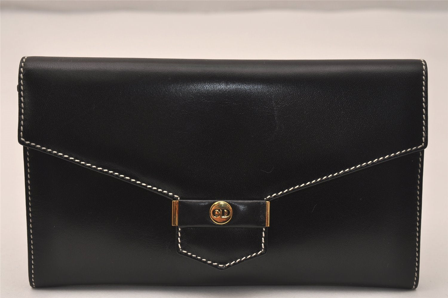 Authentic Christian Dior Vintage Long Wallet Purse Leather Black Box 7787J