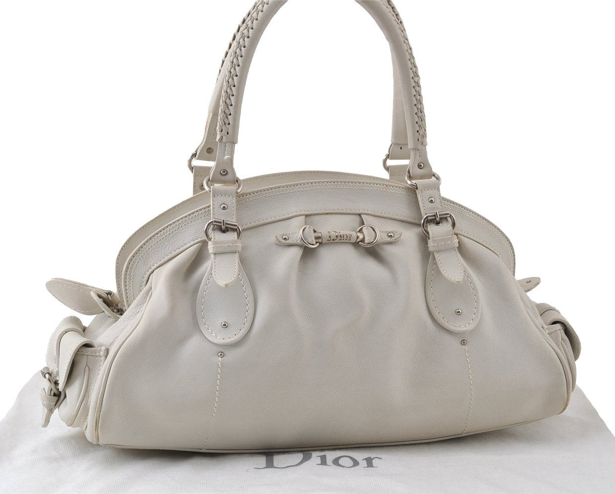 Authentic Christian Dior Vintage Shoulder Hand Tote Bag Leather White CD 7791I