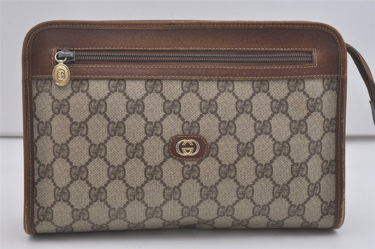 Authentic GUCCI Vintage Clutch Hand Bag Purse GG PVC Leather Brown 7792I