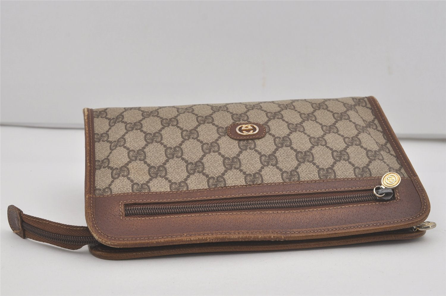 Authentic GUCCI Vintage Clutch Hand Bag Purse GG PVC Leather Brown 7792I