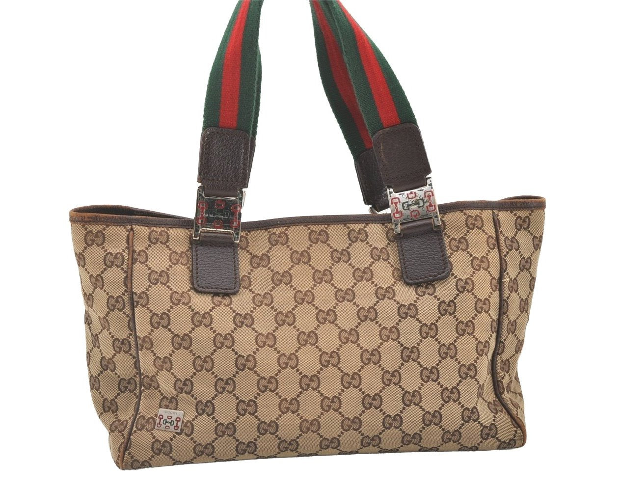 Authentic GUCCI Web Sherry Line Tote Bag GG Canvas Leather 145810 Brown 7792J