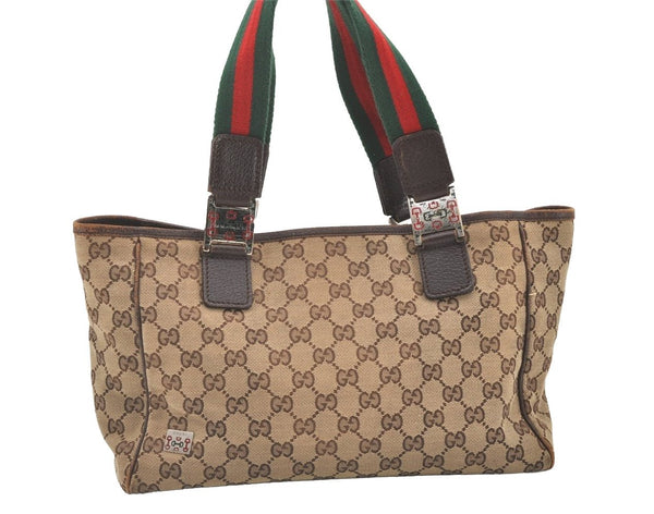 Authentic GUCCI Web Sherry Line Tote Bag GG Canvas Leather 145810 Brown 7792J