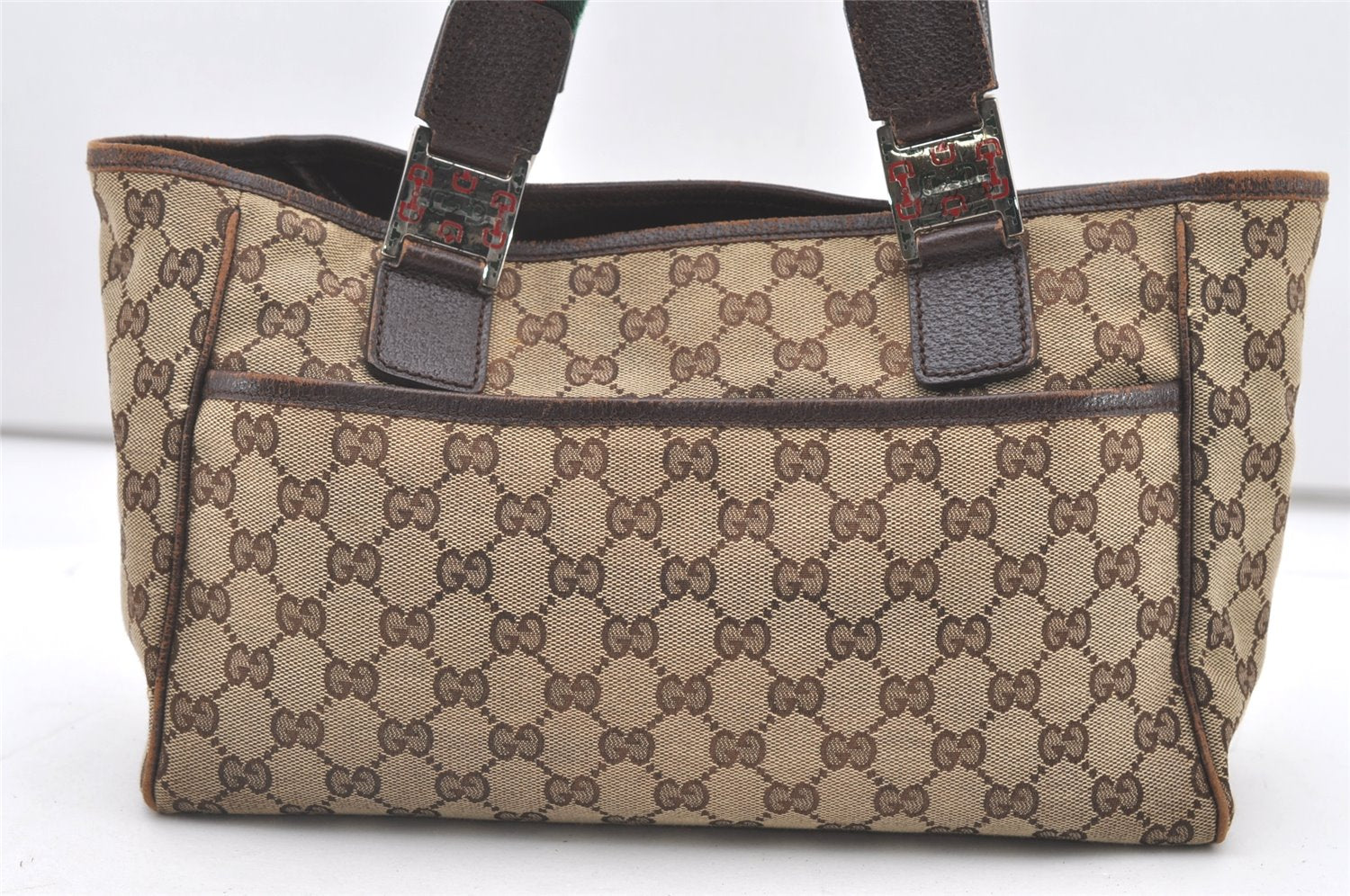 Authentic GUCCI Web Sherry Line Tote Bag GG Canvas Leather 145810 Brown 7792J