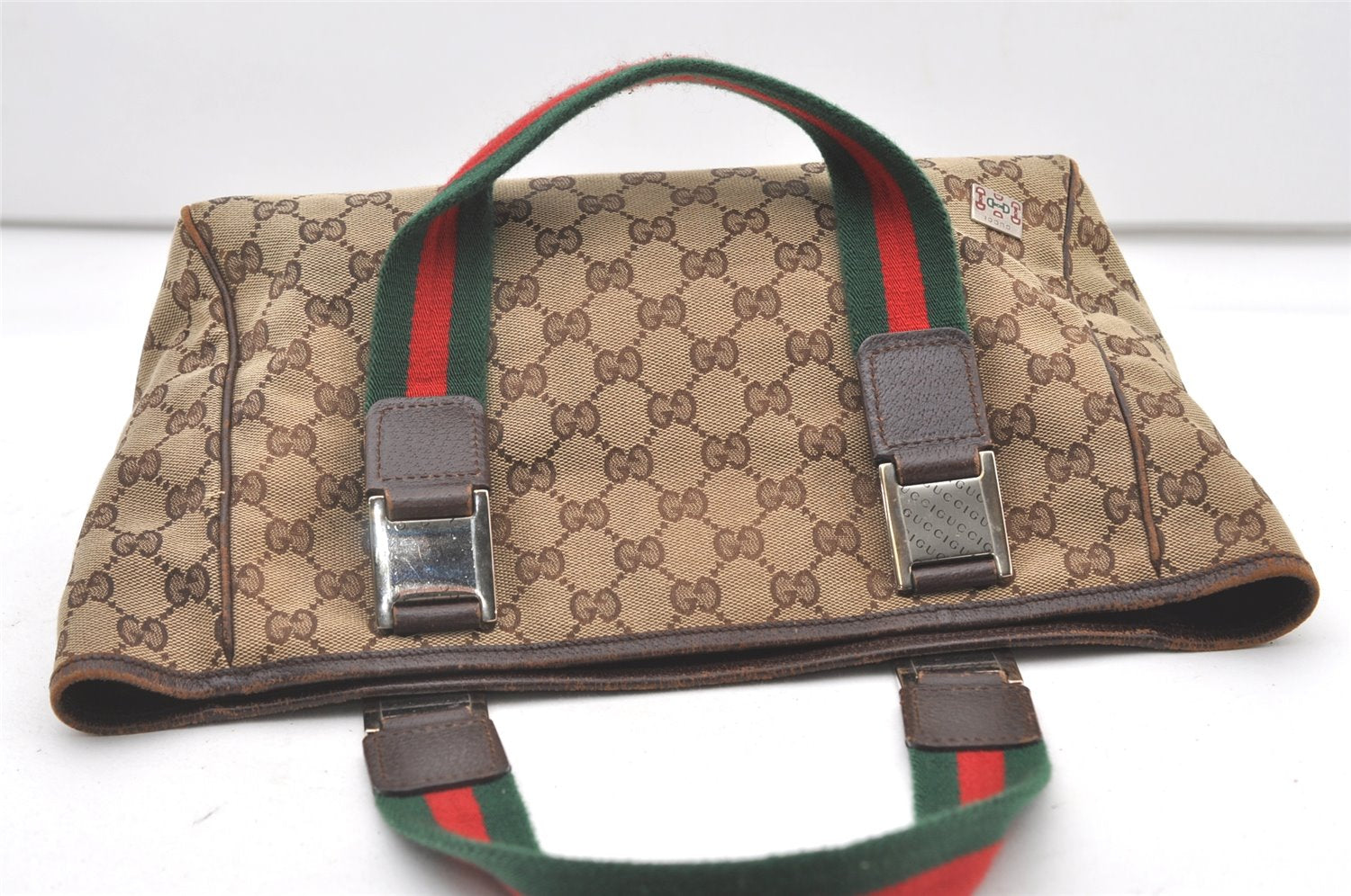 Authentic GUCCI Web Sherry Line Tote Bag GG Canvas Leather 145810 Brown 7792J