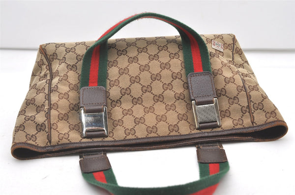Authentic GUCCI Web Sherry Line Tote Bag GG Canvas Leather 145810 Brown 7792J
