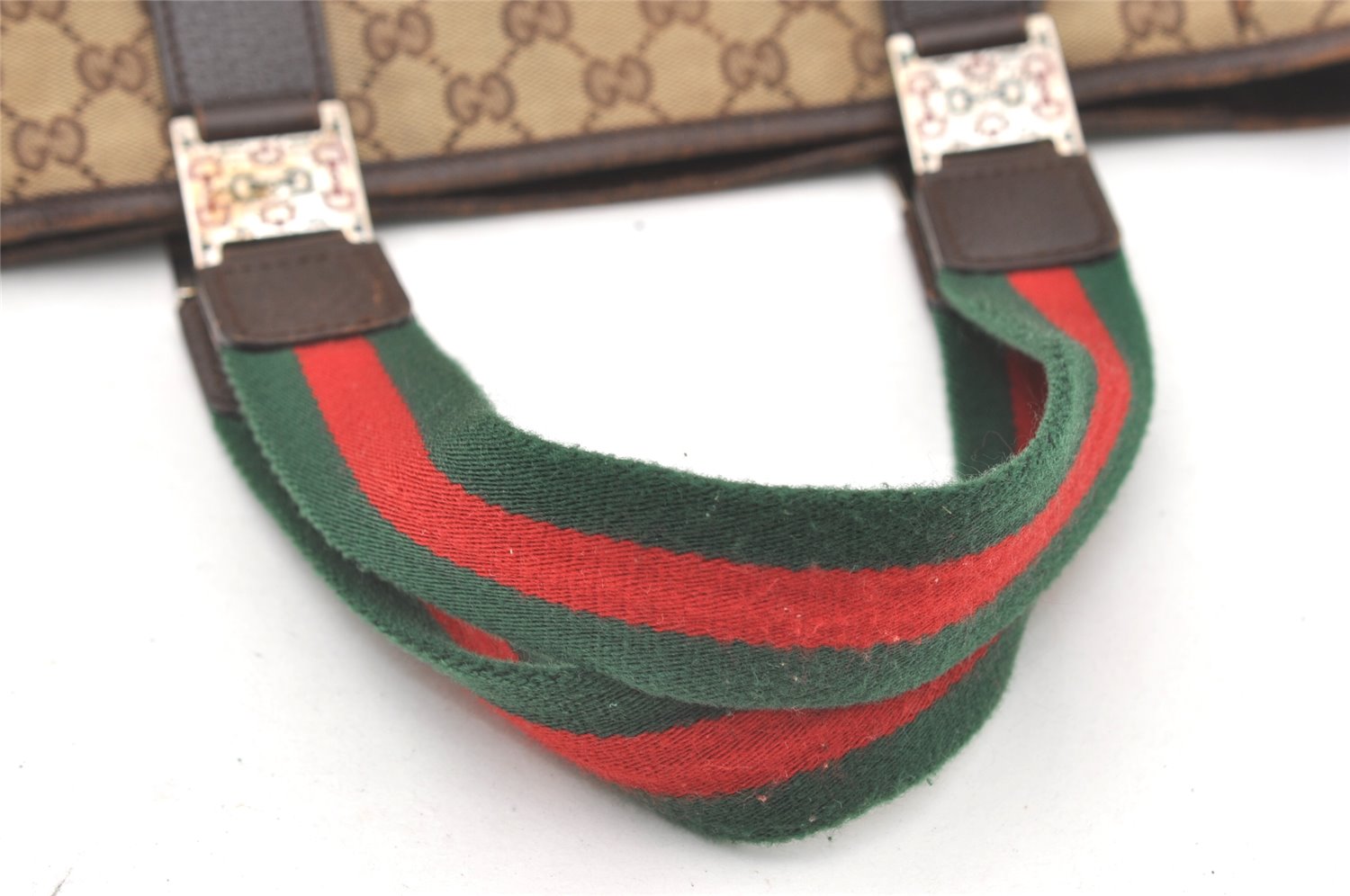 Authentic GUCCI Web Sherry Line Tote Bag GG Canvas Leather 145810 Brown 7792J