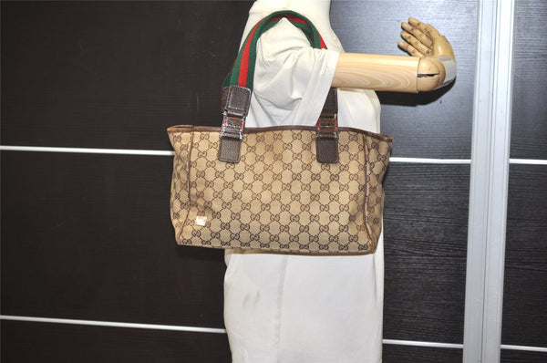 Authentic GUCCI Web Sherry Line Tote Bag GG Canvas Leather 145810 Brown 7792J