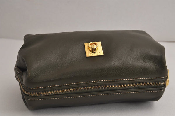 Authentic CELINE Vintage Clutch Hand Bag Purse Leather Khaki Green 7793J