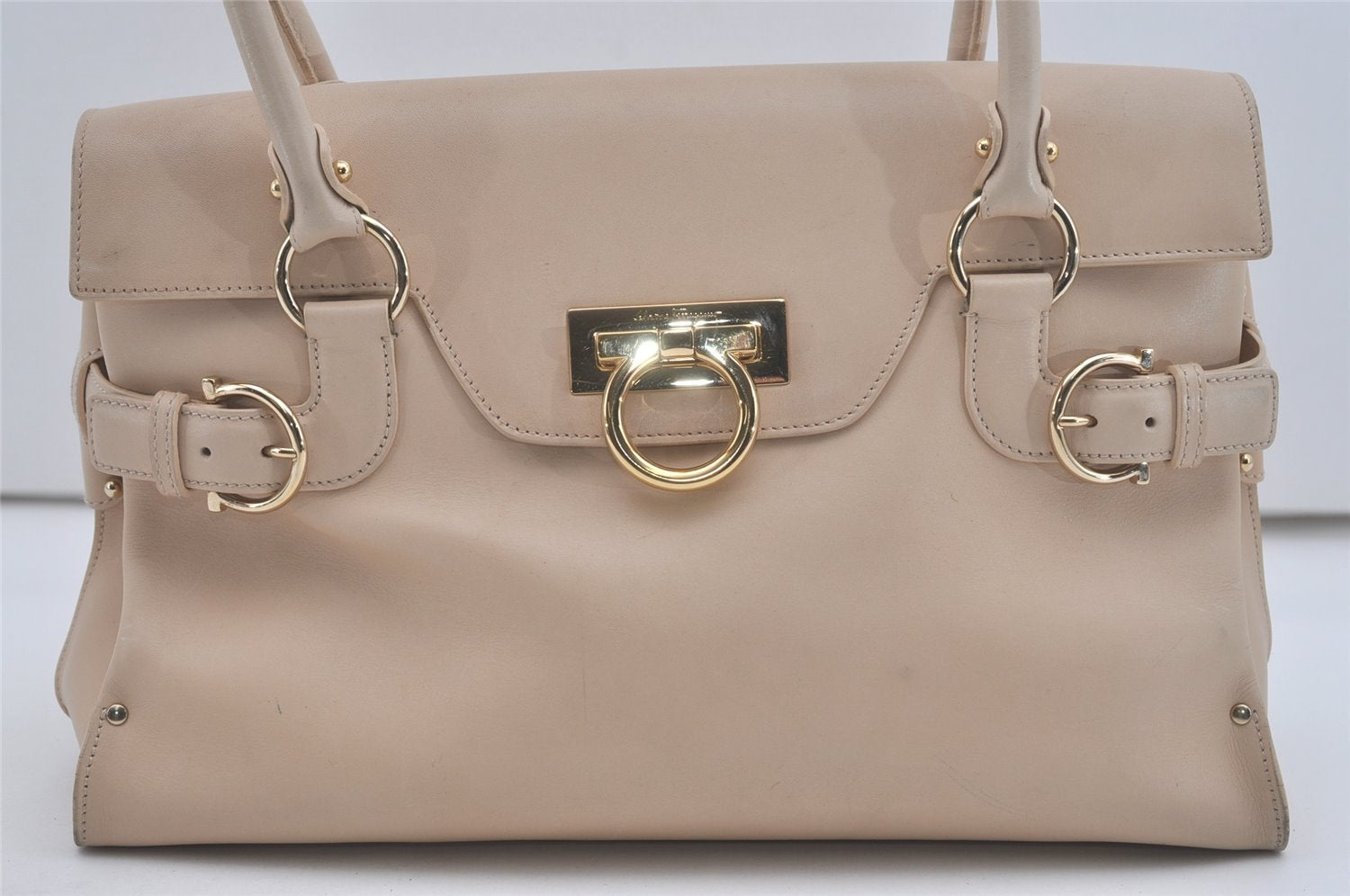 Authentic Salvatore Ferragamo Gancini Leather Shoulder Hand Bag Beige 7795I