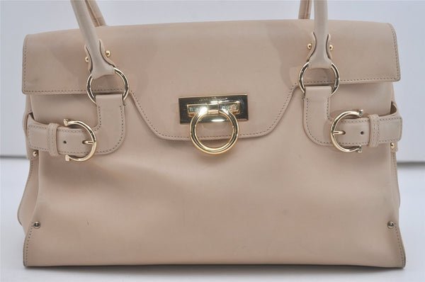 Authentic Salvatore Ferragamo Gancini Leather Shoulder Hand Bag Beige 7795I