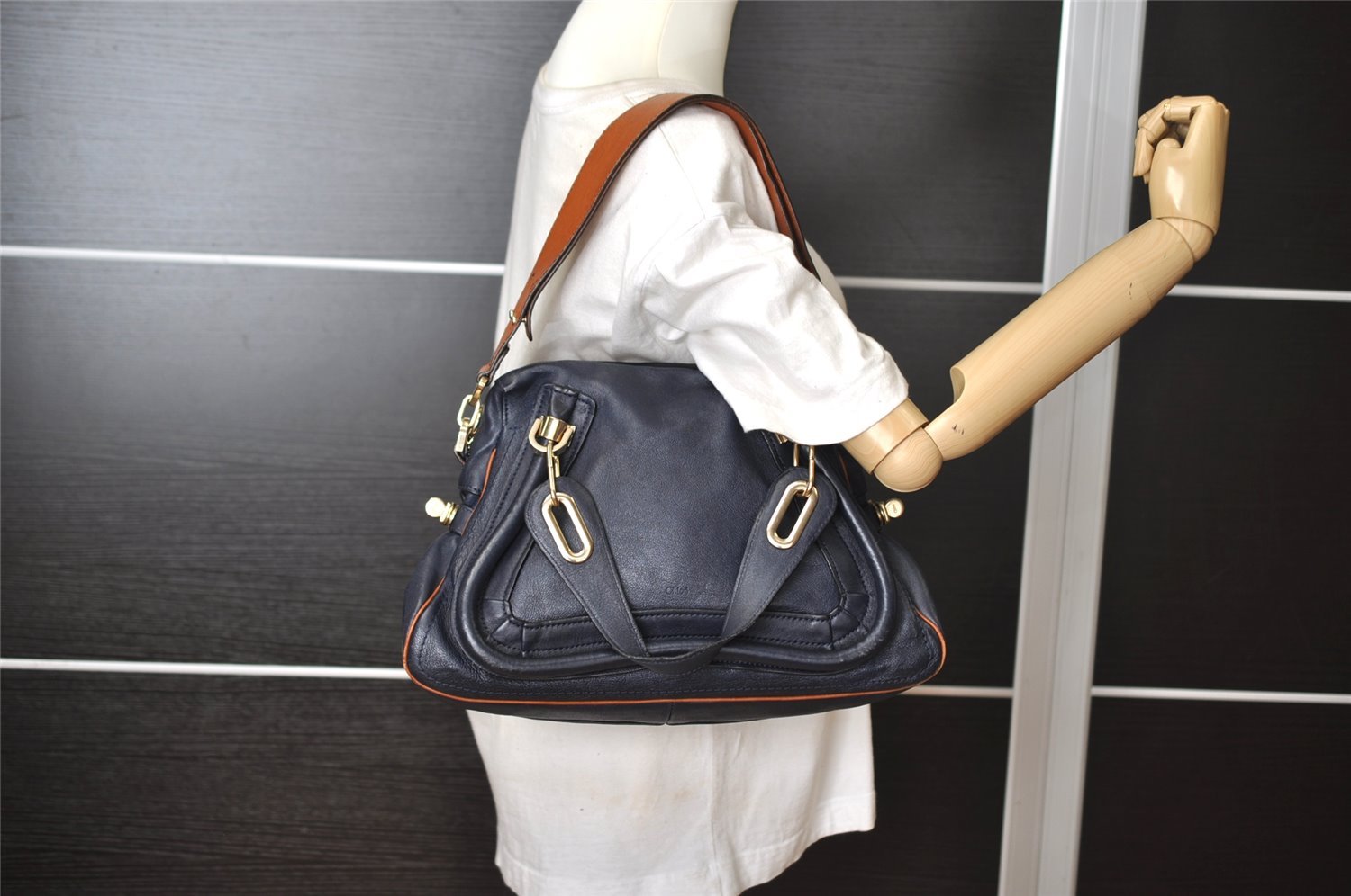 Authentic Chloe Vintage Paraty 2Way Shoulder Hand Bag Leather Navy Blue 7798I