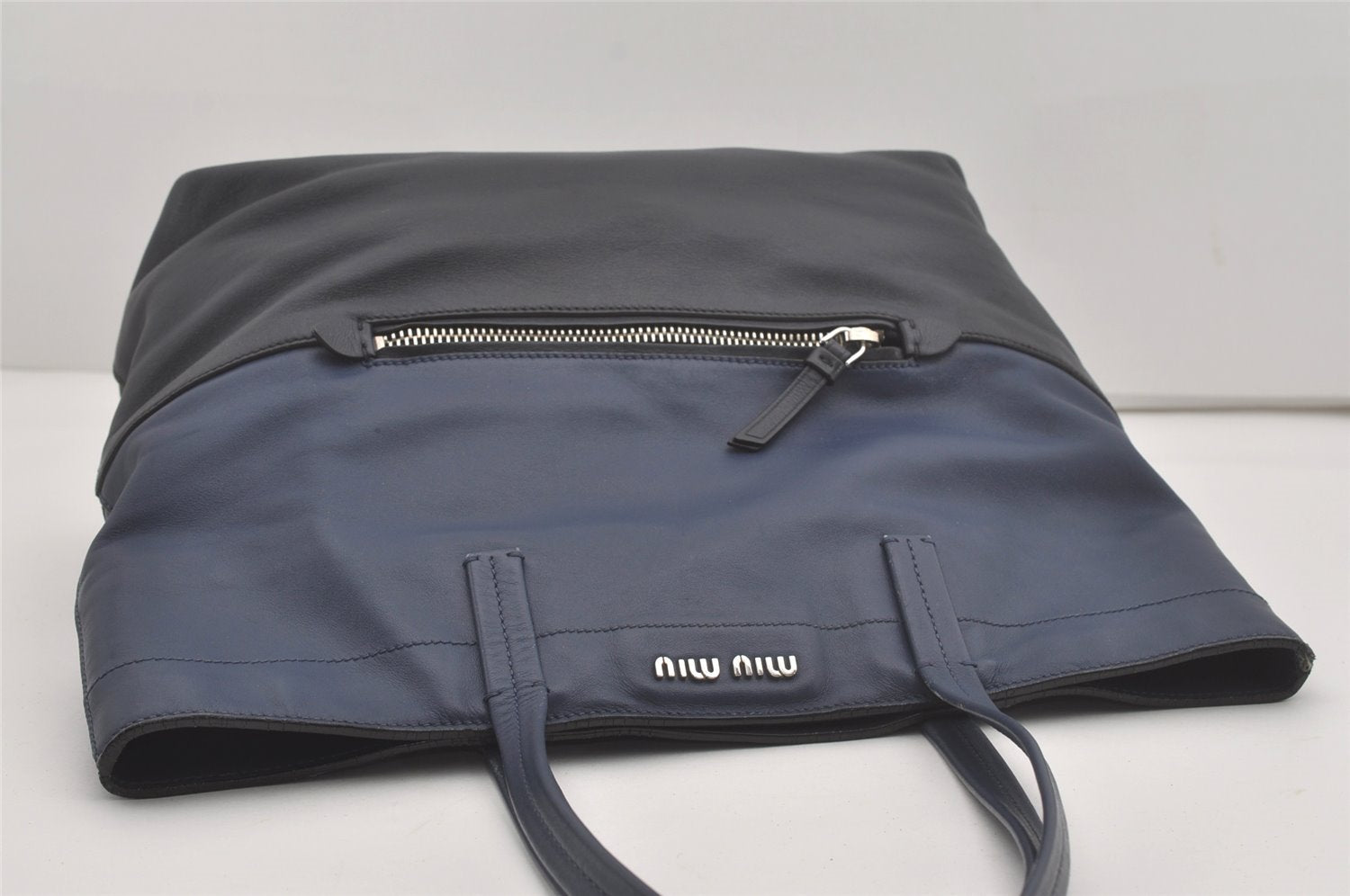 Authentic MIU MIU VITELLO SOFT Leather Shoulder Tote Bag RR1934 Blue Black 7800I