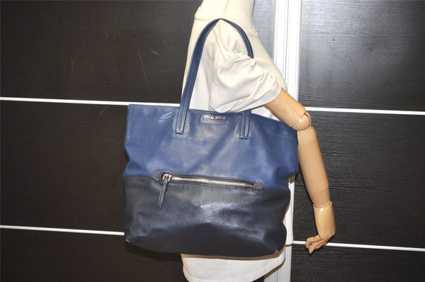 Authentic MIU MIU VITELLO SOFT Leather Shoulder Tote Bag RR1934 Blue Black 7800I