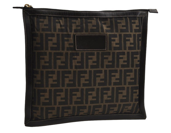 Authentic FENDI Zucca Clutch Hand Bag Purse Nylon Leather Brown Black 7820I