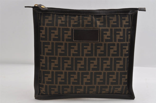 Authentic FENDI Zucca Clutch Hand Bag Purse Nylon Leather Brown Black 7820I