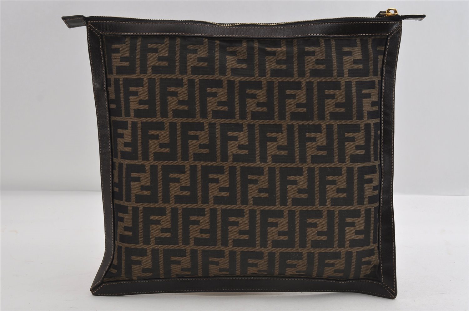 Authentic FENDI Zucca Clutch Hand Bag Purse Nylon Leather Brown Black 7820I