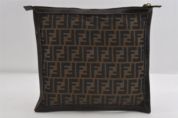 Authentic FENDI Zucca Clutch Hand Bag Purse Nylon Leather Brown Black 7820I