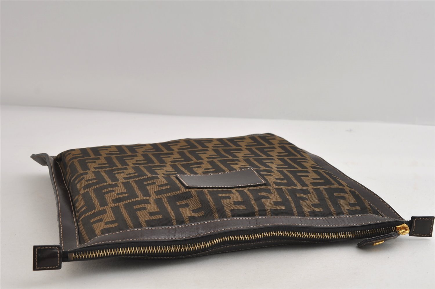 Authentic FENDI Zucca Clutch Hand Bag Purse Nylon Leather Brown Black 7820I