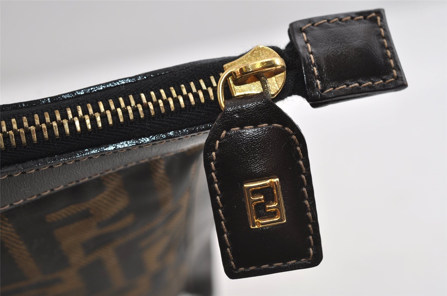 Authentic FENDI Zucca Clutch Hand Bag Purse Nylon Leather Brown Black 7820I