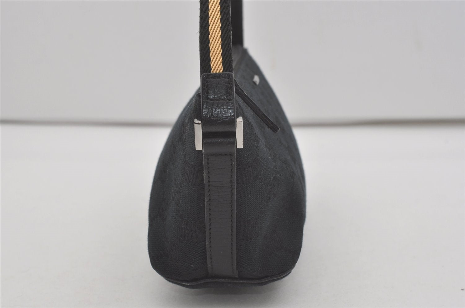 Authentic GUCCI Sherry Line Hand Bag Pouch GG Canvas Leather 141809 Black 7822I