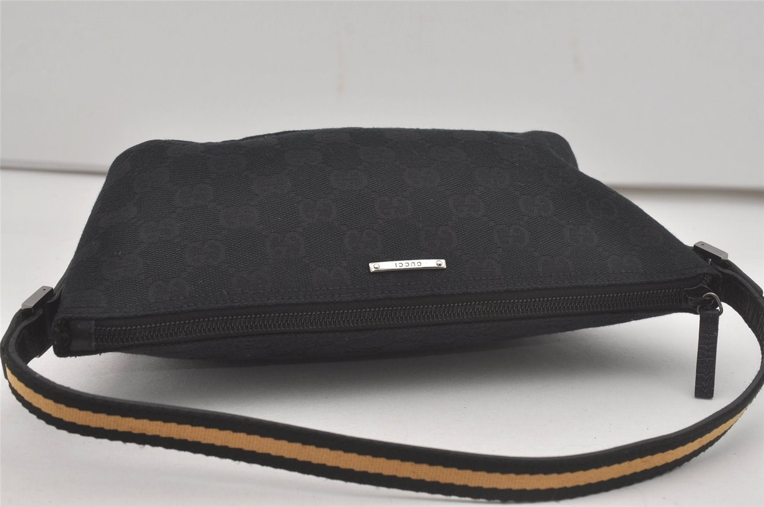 Authentic GUCCI Sherry Line Hand Bag Pouch GG Canvas Leather 141809 Black 7822I