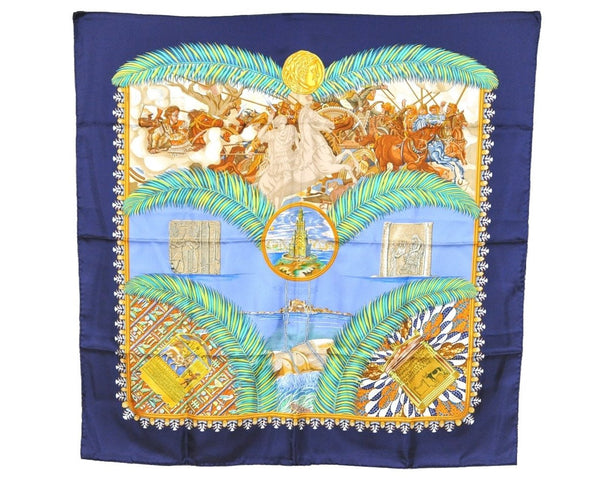 Authentic HERMES Carre 90 Scarf "GLOIRE d'ALEXANDRE" Silk Navy Box 7823J