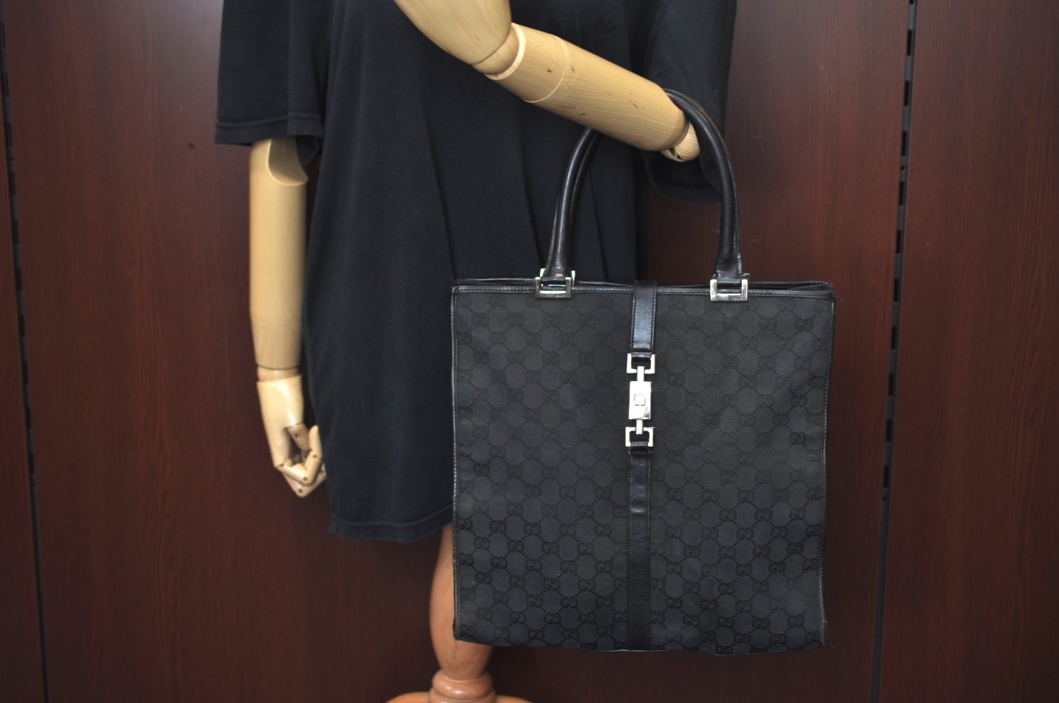 Authentic GUCCI Jackie Shoulder Tote Bag GG Canvas Leather 0021064 Black 7825G