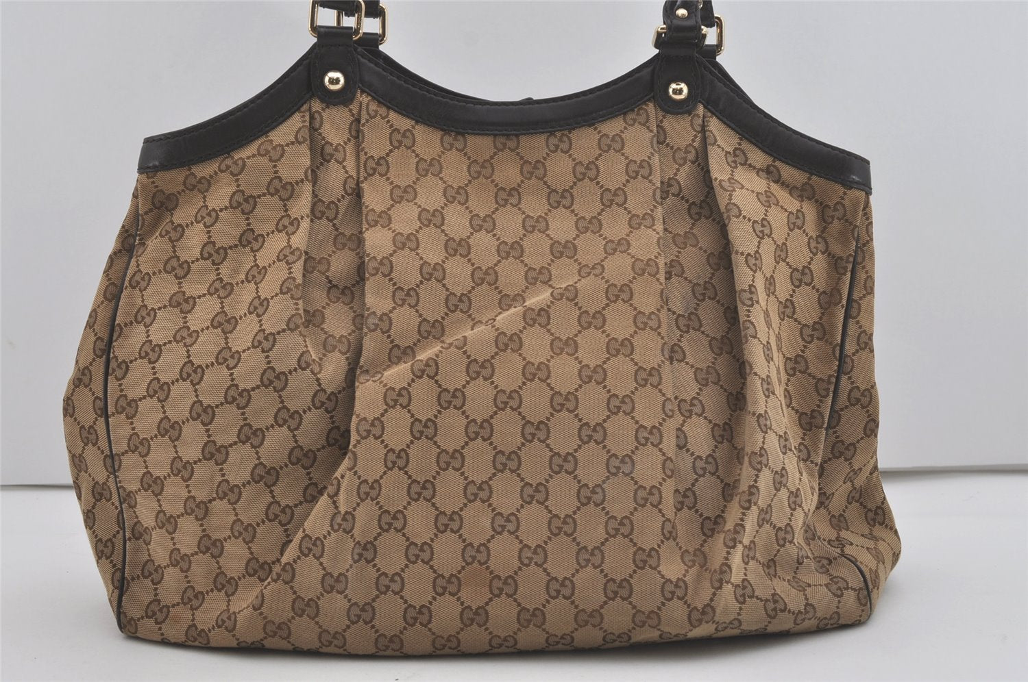 Authentic GUCCI Sukey Shoulder Tote Bag GG Canvas Leather 211943 Brown 7827I