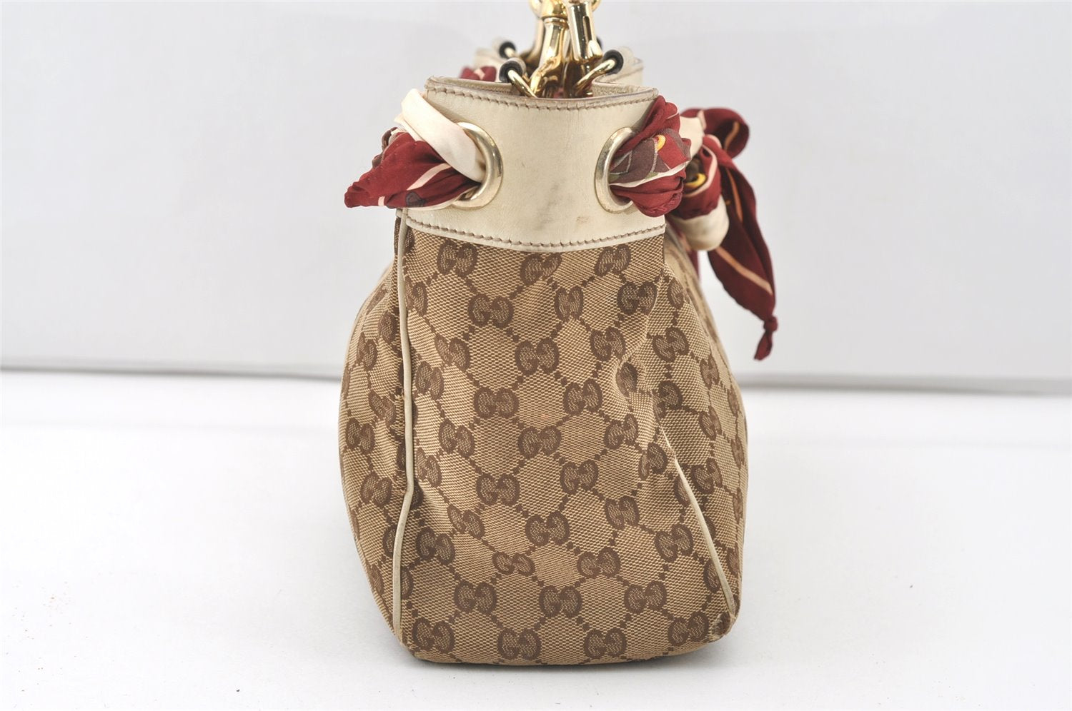 Authentic GUCCI Positano Scarf Tote Bag GG Canvas Leather 162879 Brown 7829J