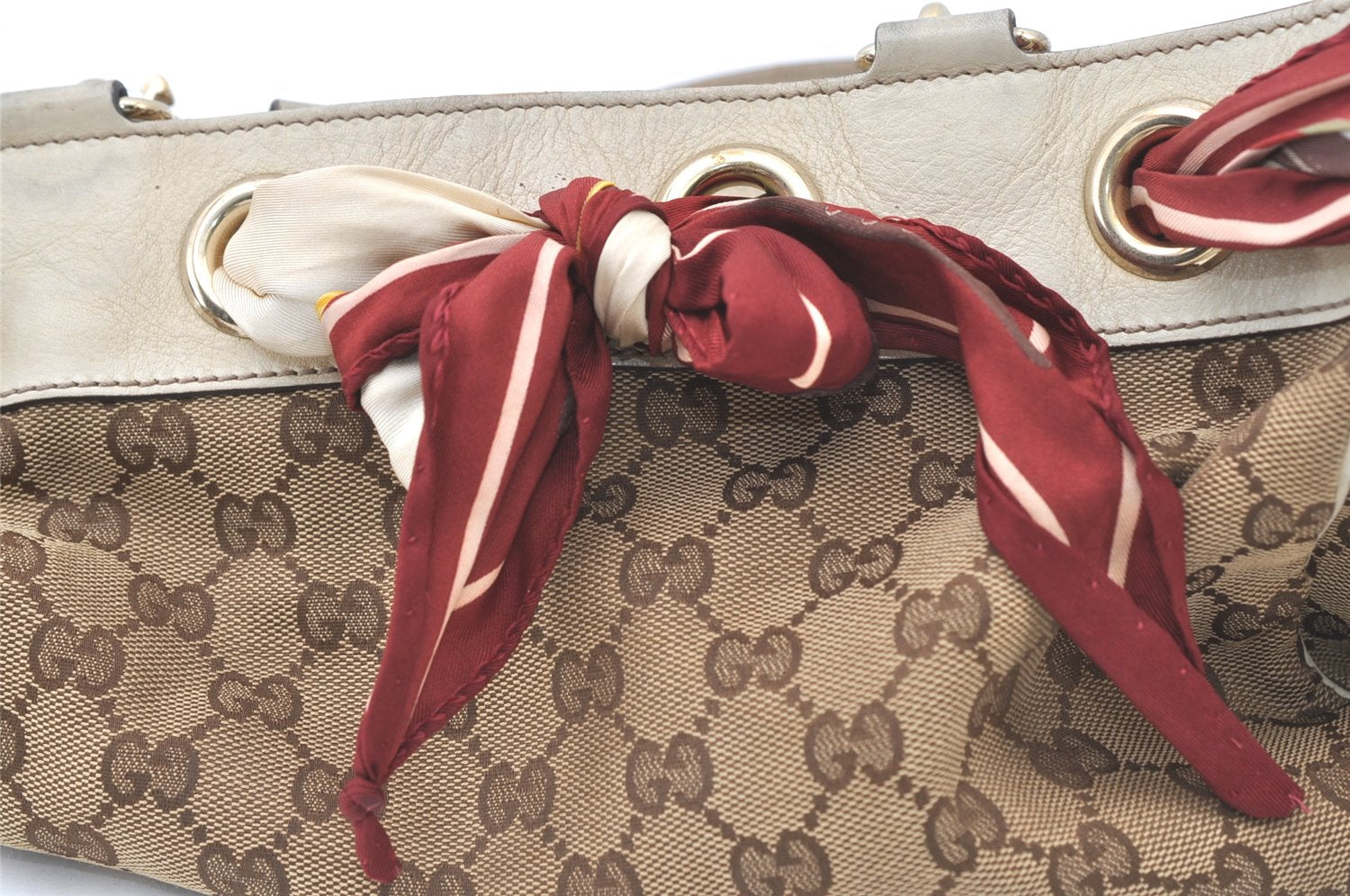 Authentic GUCCI Positano Scarf Tote Bag GG Canvas Leather 162879 Brown 7829J