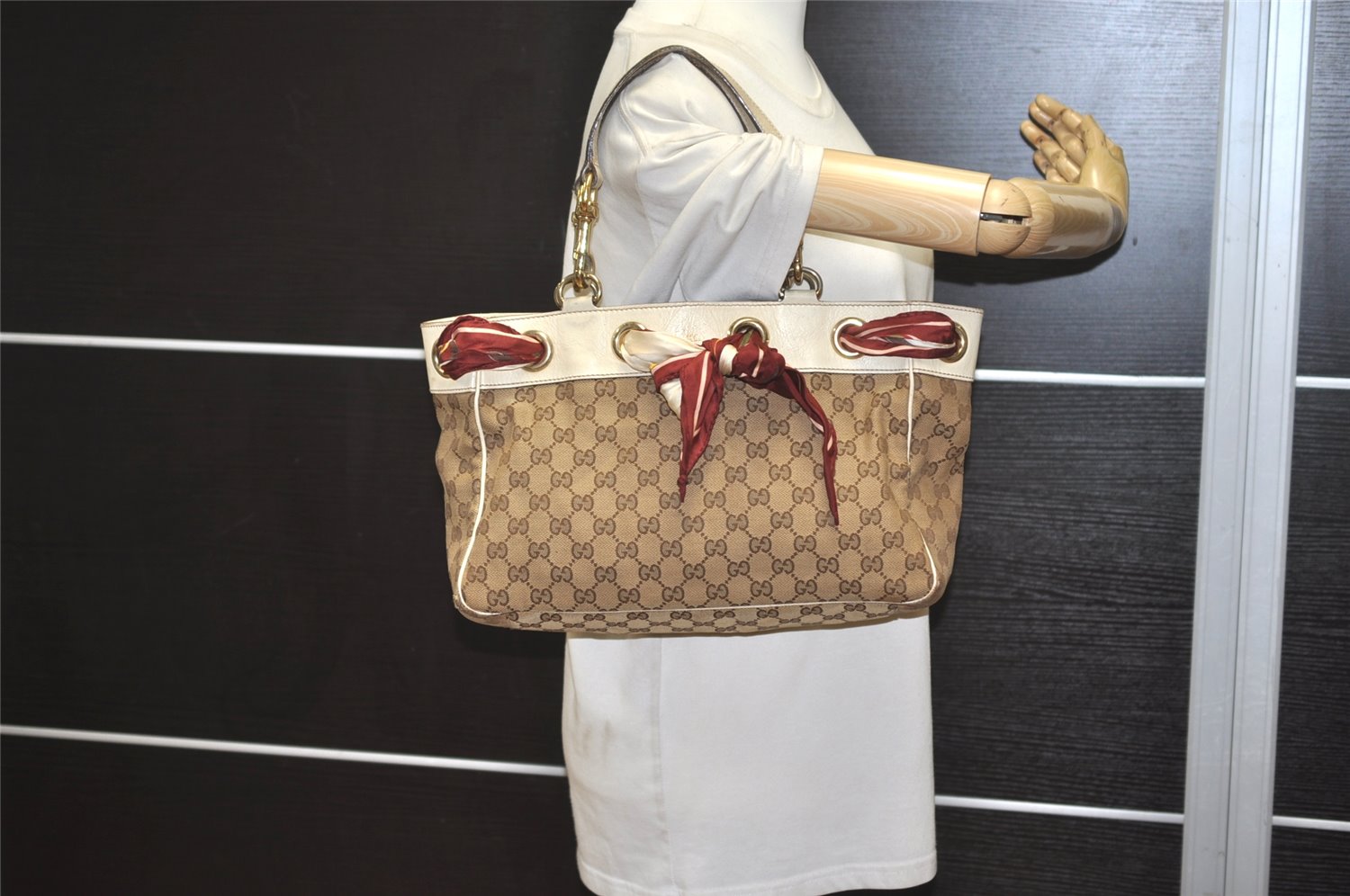 Authentic GUCCI Positano Scarf Tote Bag GG Canvas Leather 162879 Brown 7829J