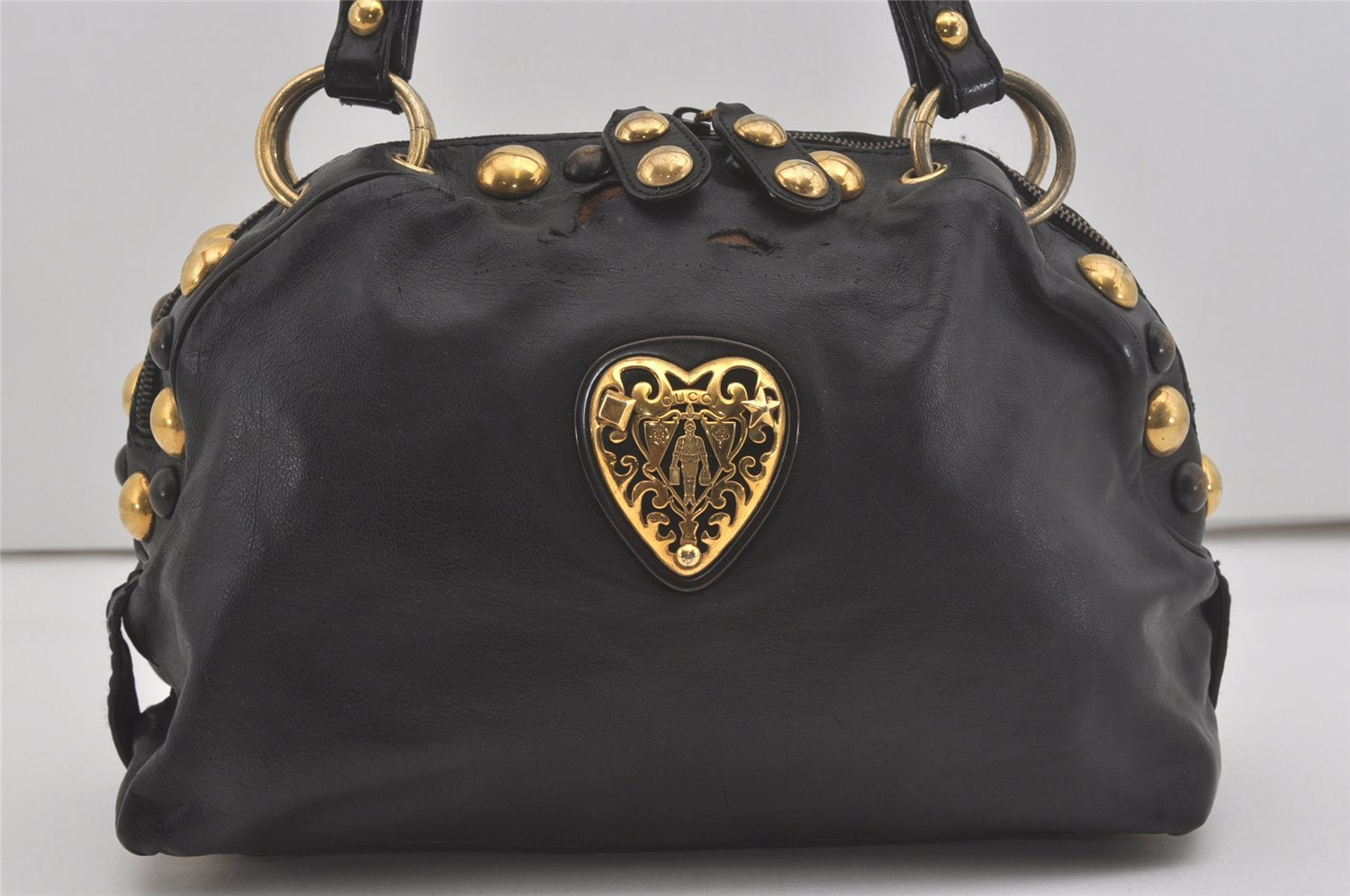 Authentic GUCCI Heart Crest Studs Shoulder Hand Bag Leather 209600 Black 7830I