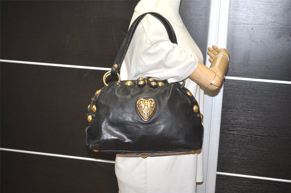 Authentic GUCCI Heart Crest Studs Shoulder Hand Bag Leather 209600 Black 7830I