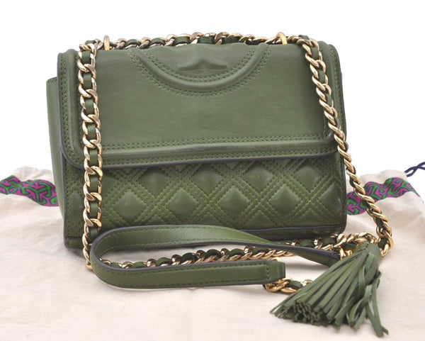 Authentic TORY BURCH Fleming Chain Shoulder Cross Bag Tassel Leather Green 7830J