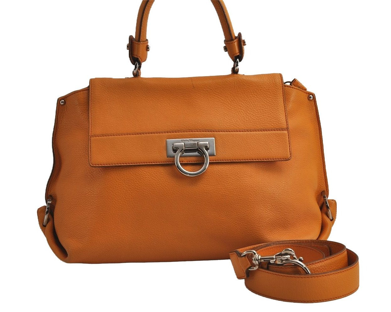 Authentic Salvatore Ferragamo Sophia Gancini 2Way Hand Bag Leather Orange 7837J