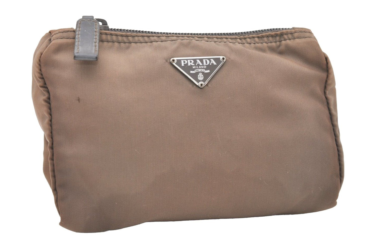 Authentic PRADA Vintage Nylon Tessuto Leather Pouch Purse Brown 7843J