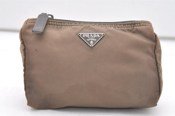 Authentic PRADA Vintage Nylon Tessuto Leather Pouch Purse Brown 7843J