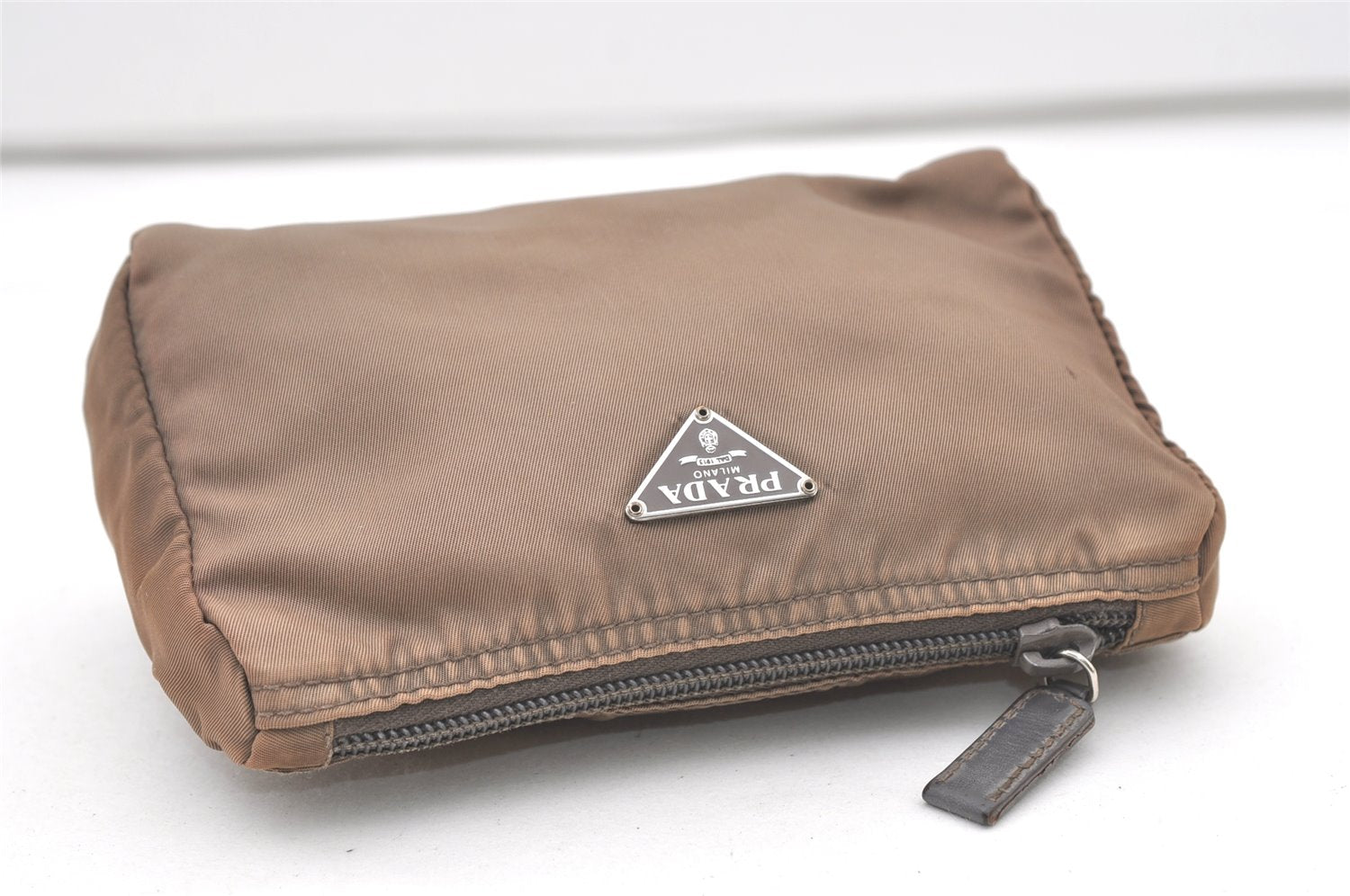 Authentic PRADA Vintage Nylon Tessuto Leather Pouch Purse Brown 7843J