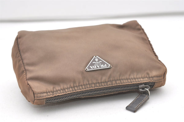 Authentic PRADA Vintage Nylon Tessuto Leather Pouch Purse Brown 7843J