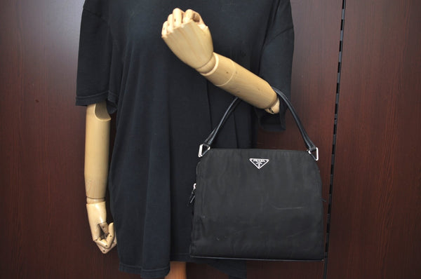 Authentic PRADA Tessuto Chic Nylon Leather Hand Bag Purse B11091 Black 7844H