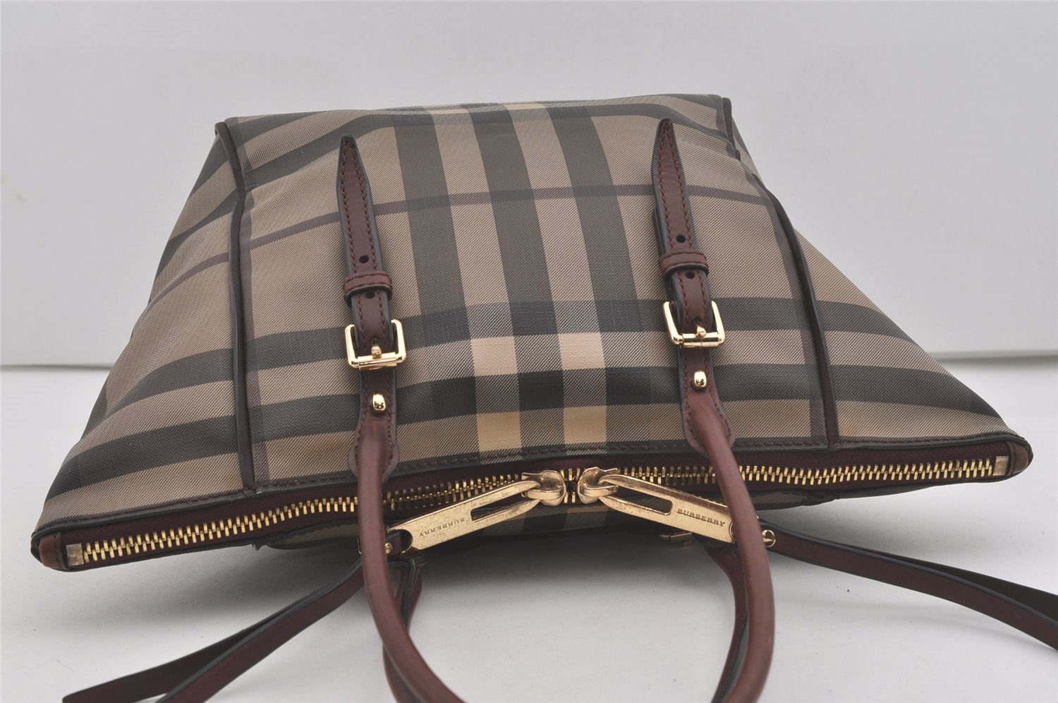 Authentic BURBERRY Check Vintage Shoulder Hand Tote Bag PVC Leather Gray 7845I