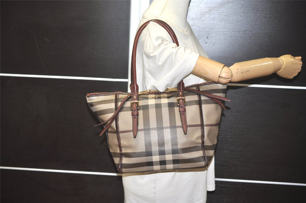 Authentic BURBERRY Check Vintage Shoulder Hand Tote Bag PVC Leather Gray 7845I