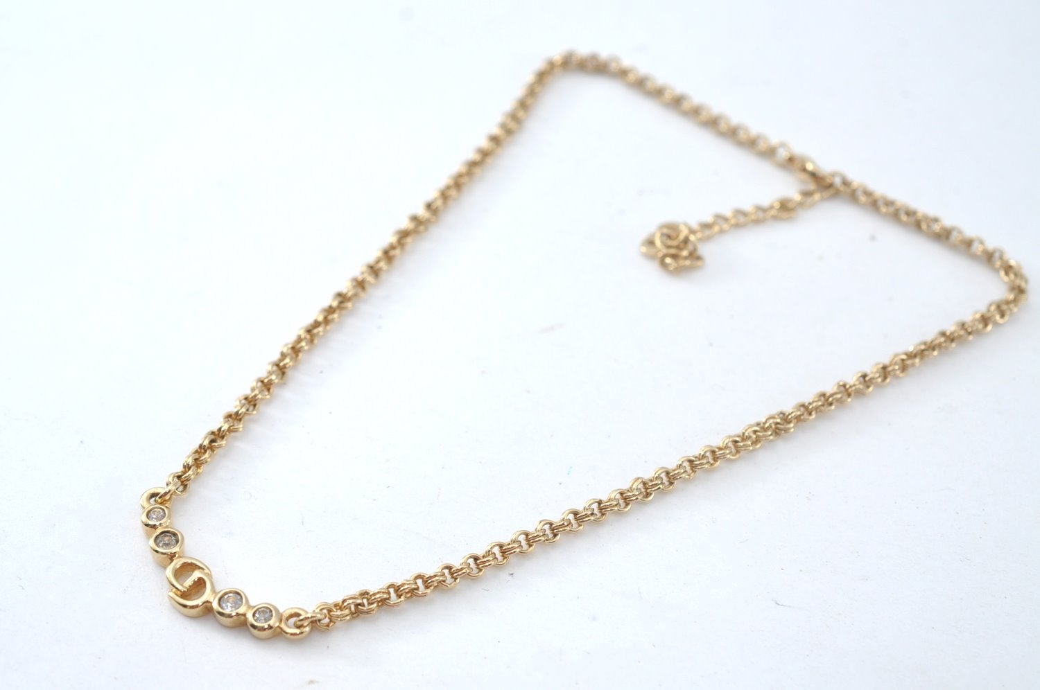 Authentic Christian Dior Gold Tone Chain Rhinestone Pendant Necklace CD 7845J