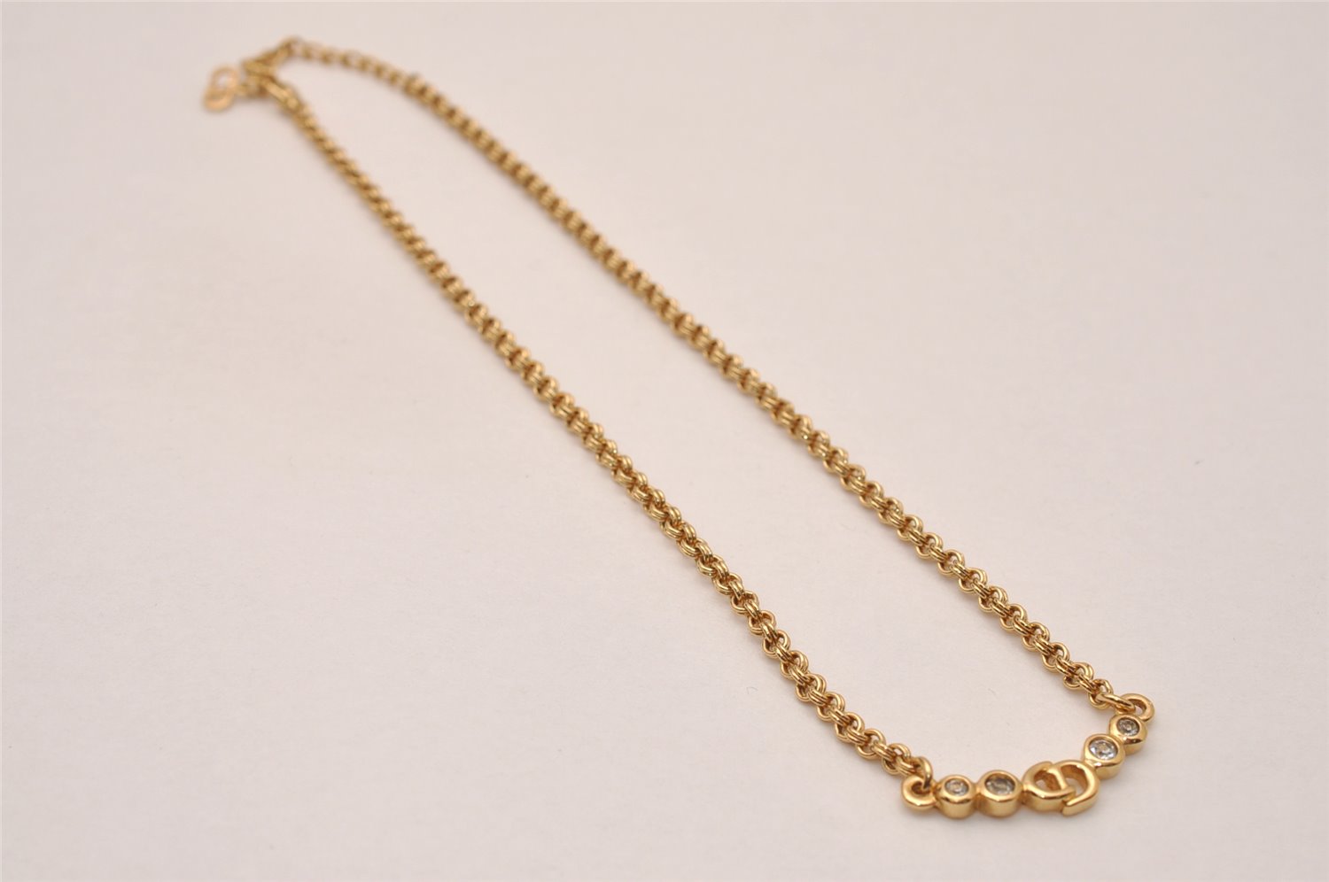 Authentic Christian Dior Gold Tone Chain Rhinestone Pendant Necklace CD 7845J