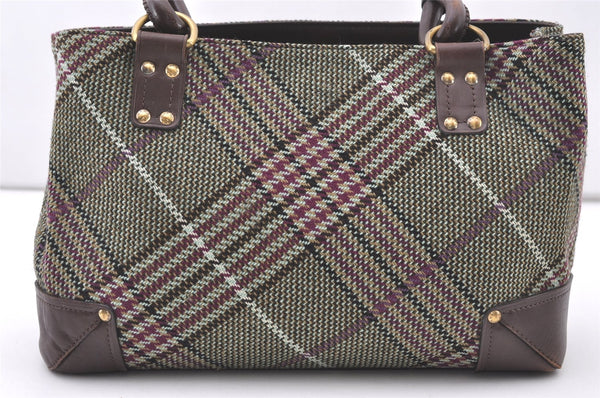 Authentic BURBERRY Check Shoulder Hand Bag Purse Wool Leather Green 7846J